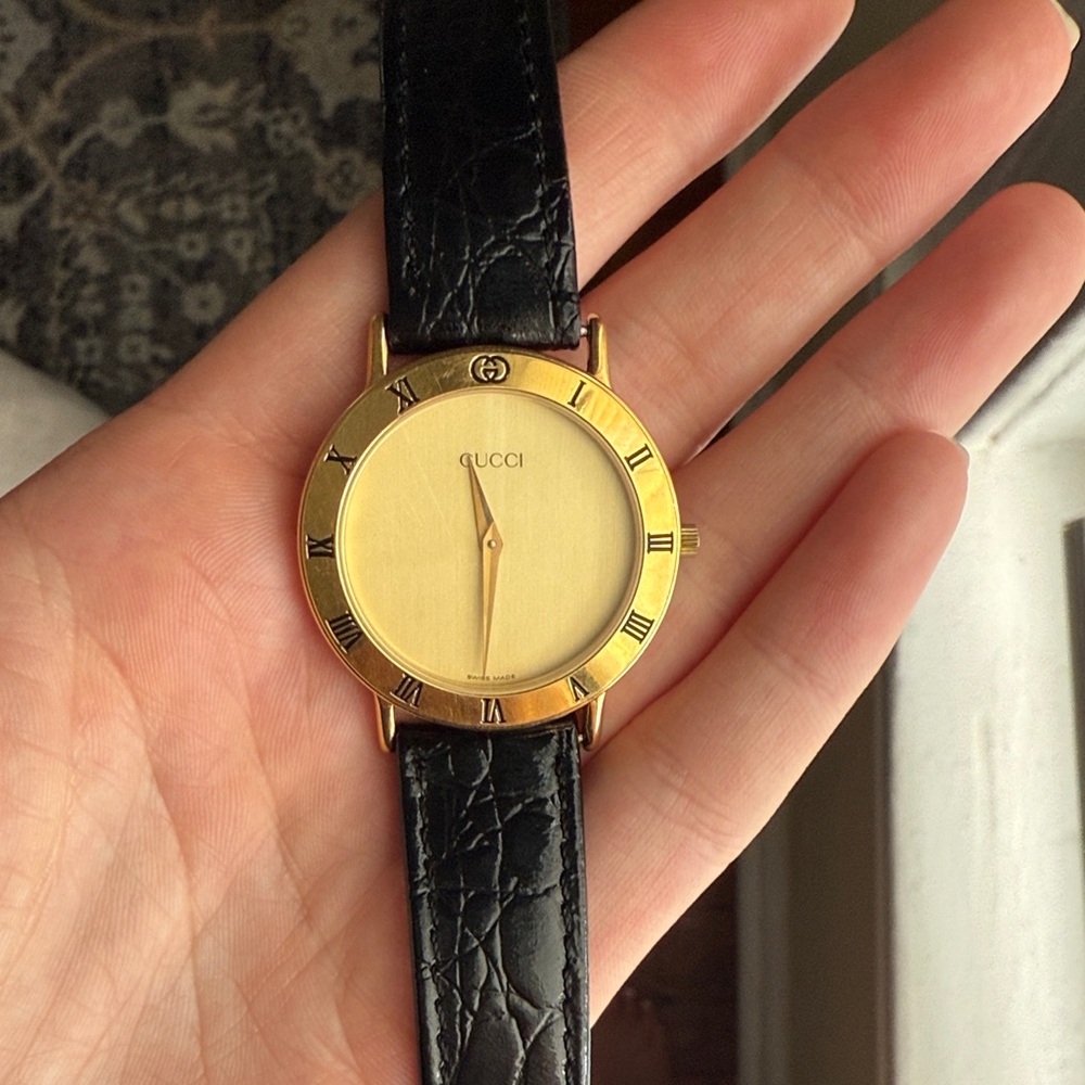 Gucci Men's Gold Dial Black Strap Watch 3000.2 33mm